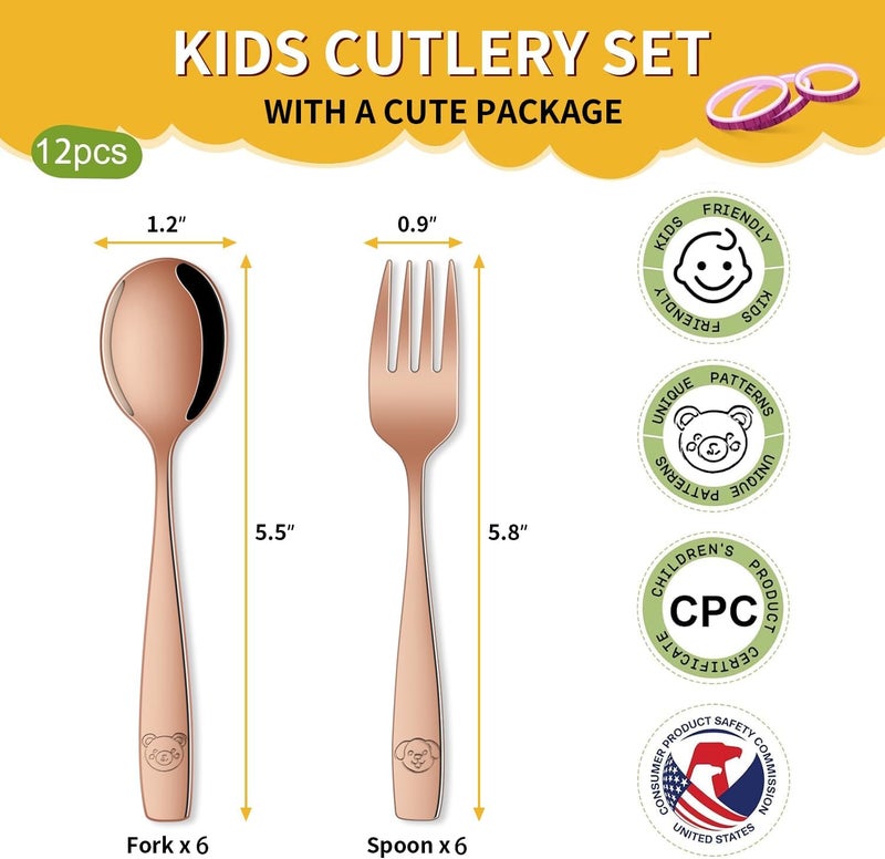 Dehov Rose Gold Toddler Eating Utensils Set,Set Of 12 Food Grade Stainless Steel Silverware Sets For Kids,Dishwasher Safe Children Small Metal Spoons And Forks Flatware Sets - Image 2